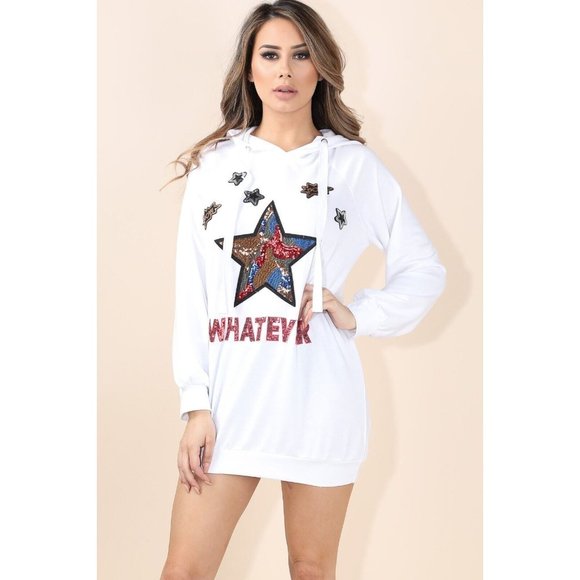Boutique Tops - Women's Long Sleeves Hooded Drawstring Sequin Patched Sweatshirt S M L